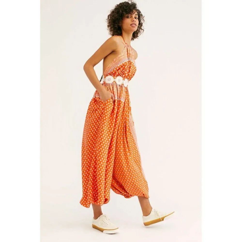 NEW FREE PEOPLE Sz S RISING SUN WIDE LEG EMBROIDERED ONE PIECE JUMPER JUMPSUIT